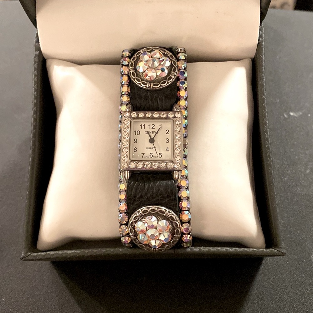 Black Leather/Cowhide w/ Aurora borealis stones watch